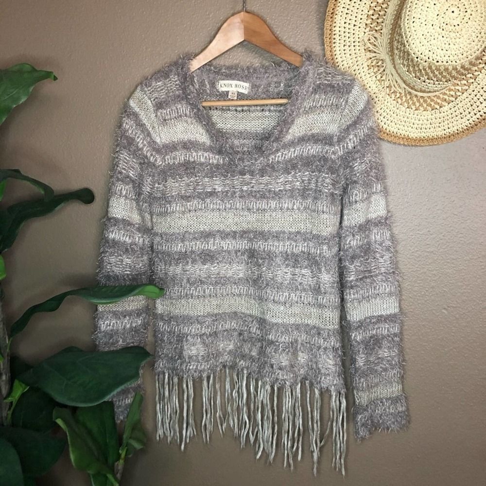 Knox Rose Beige Striped Fuzzy Fringe Sweater XS